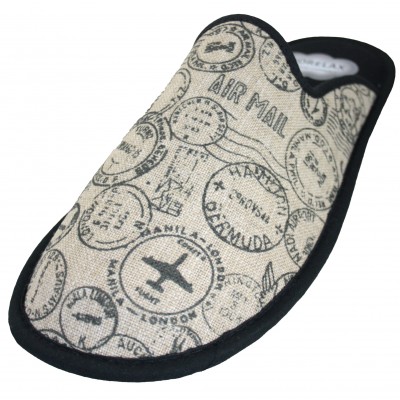 Biorelax 1446 - Zapatillas Hombre Dibujos Sellos Pasaporte Gris Negro Destapada Plantilla Comfortable