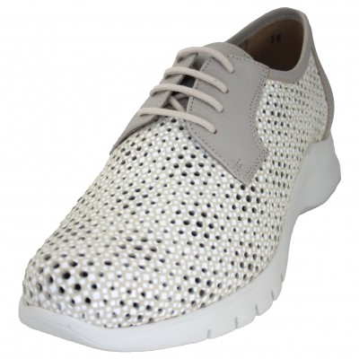 Pie Santo 240715 - Gray and White Perforated Leather Women's Shoes with Wide Laces Removable Insole