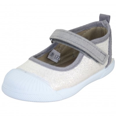 Vulcabicha 601 - Zapatos Merceditas De Tela Brillante Con Velcro En Gris Claro y Lila Puntera Reforzada Plantilla Extraible