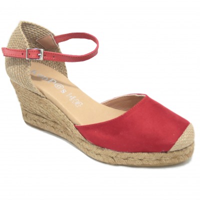KonPas 1553 10-5 Blood - Red Leather Espadrilles with Comfortable Bracelet and Wedge