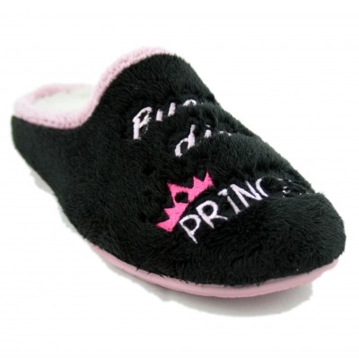 KonPas 705 - Soft Black and Pink House Slippers with Good Morning Princess Message