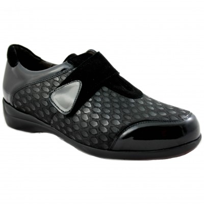 Pie Santo 195586 - Zapatos de Mujer de Piel Negros con Cierre de Velcro, Estampado Serpiente y Puntera de Charol